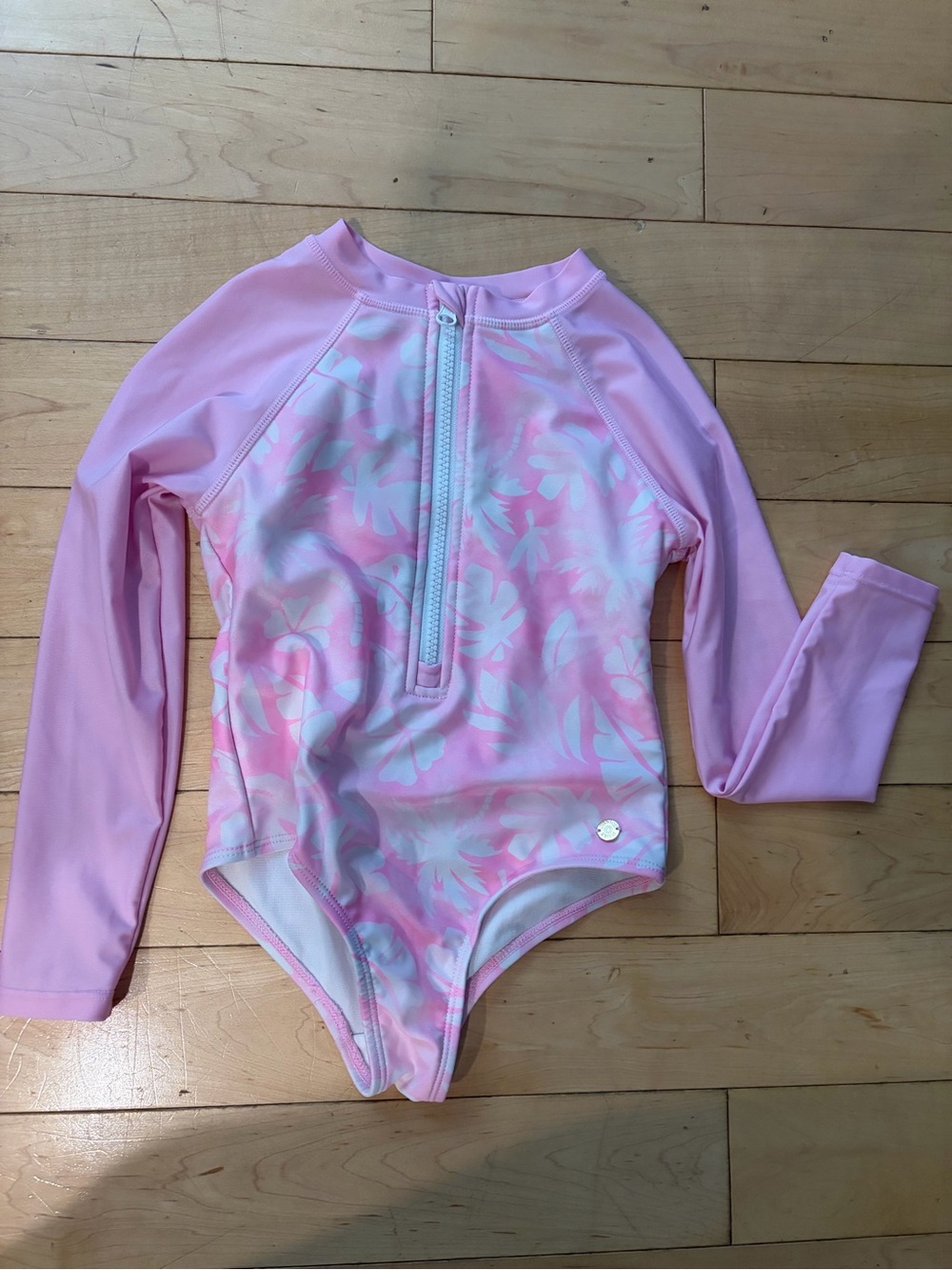 Justice Girls' Long-Sleeve Pink Floral Rash Guard One-Piece Swimsuit